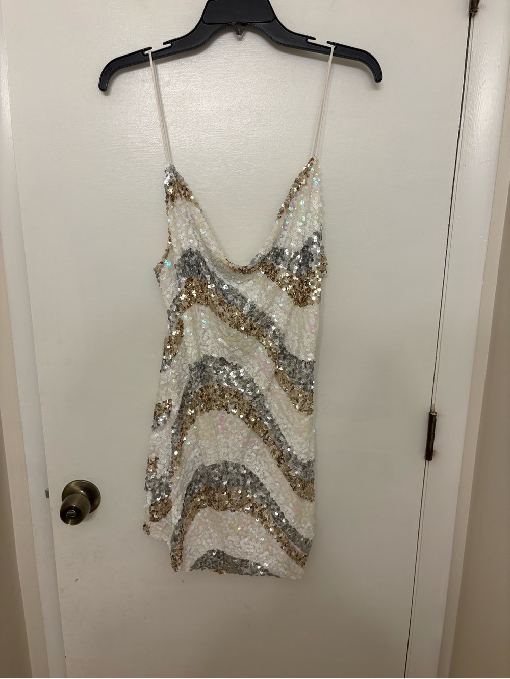 Saints + Secrets Show Me Love Sequin Cowl Neck Mini Dress White Gold Silver L